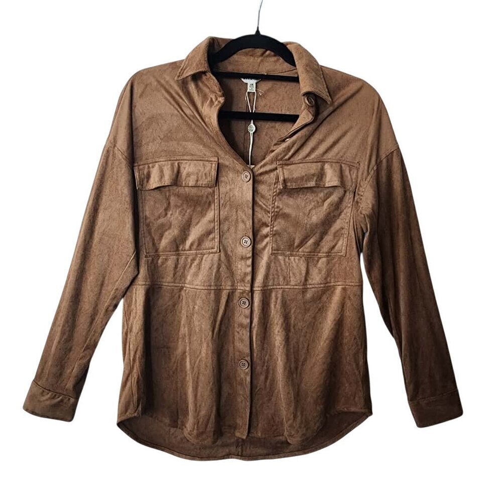 Max Studio Shacket Button Front Shirt Women Vicuna Brown Faux Suede Size XS